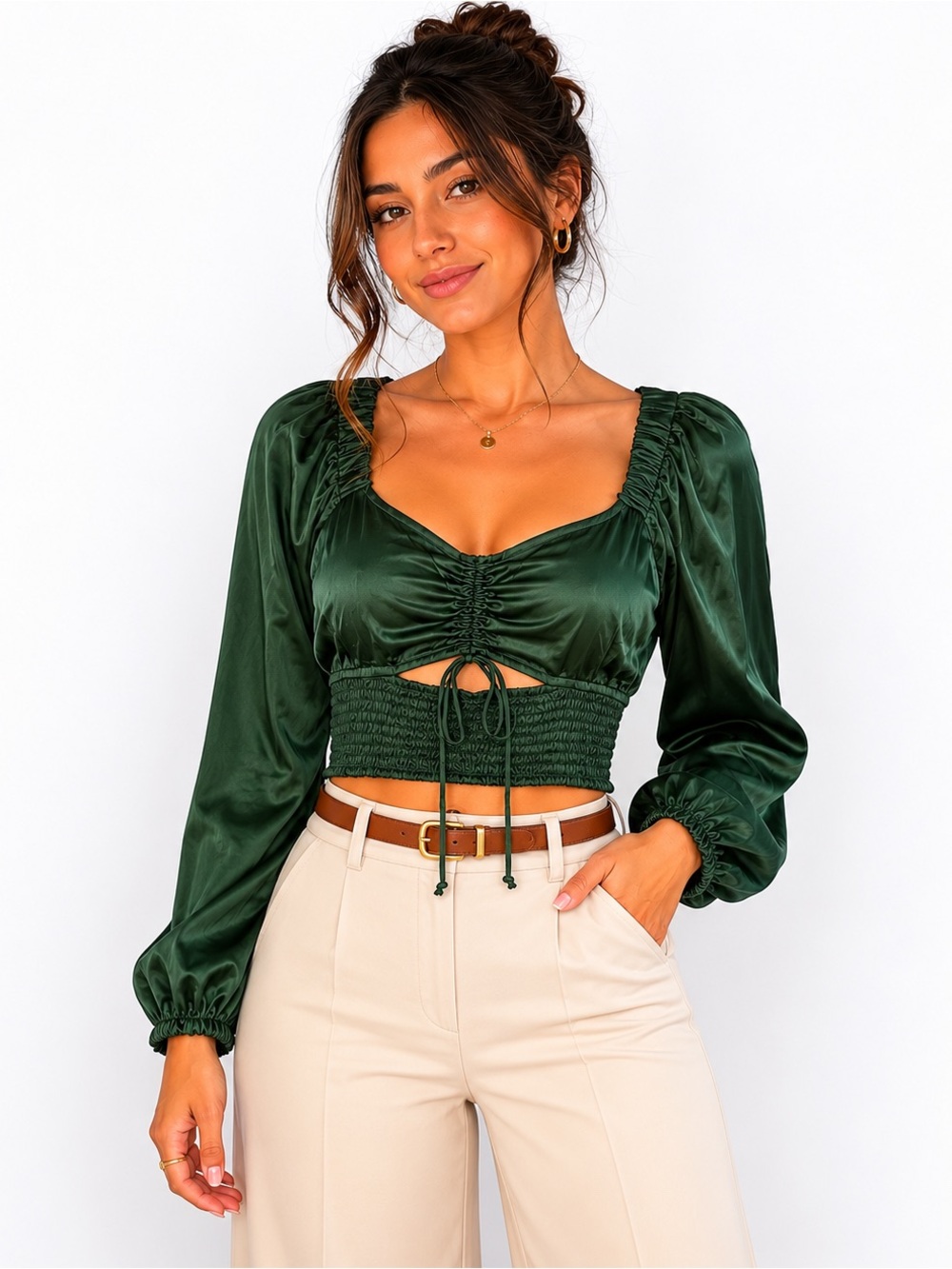 American Eagle Forest Green Satin Smocked Crop Top Puff Sleeve Size Small